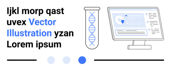 Test tube with DNA strand, computer screen with dashboard, text blocks, abstract shapes. Ideal for science, research, technology, healthcare, data education simple landing page
