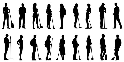 Cleaning silhouette icons holding vacuum and mop in various poses suitable for design projects