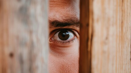 An adult man looking through a partially open door with a look of suspicion