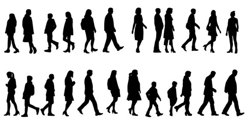 Family silhouettes depicting parents and children walking together in various poses and expressions against a white background