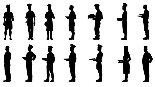 Chef silhouettes in various poses showcasing culinary skills and attire in a minimalist style