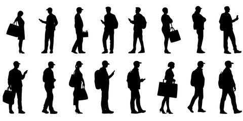 Silhouettes of delivery persons engaged in various activities while carrying packages in an urban setting