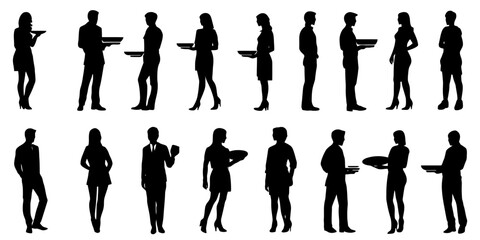 Restaurant server silhouettes in various poses showcasing service skills and professionalism