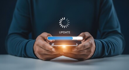 Businessman updating smartphone software application mobile phone system upgrade process progress bar technology concept