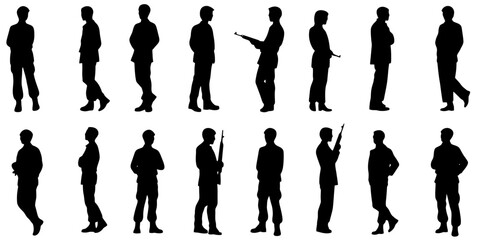 Silhouettes of soldiers in various poses and uniforms showcase military diversity and readiness in a unified design