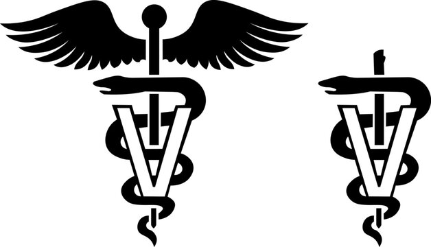 Set of two veterinary caduceus symbol icons. Snake and stick with wings. Veterinary medicine logo. Pet care. Isolated on white background. Vector illustration.