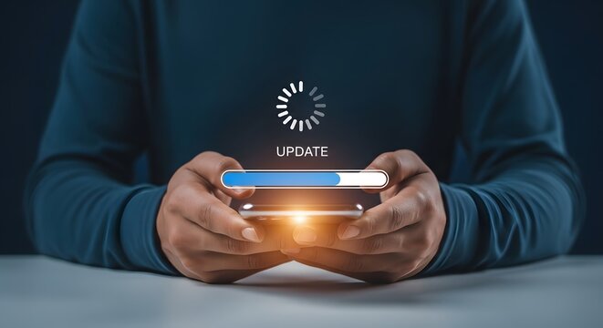 Businessman updating smartphone software application mobile phone system upgrade process progress bar technology concept