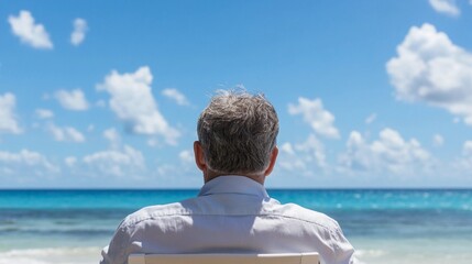back view of a retired elderly man sitting at the beach symbolizing social security's goals of peace, stability, and dignity in retirement