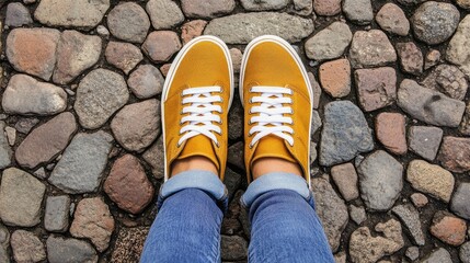Mustard-colored sneakers on a cobblestone surface.