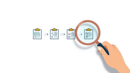 Document review and quality control process. A hand holding magnifying glass focuses on completed checklist in document workflow, symbolizing quality control, verification, and approval. Certificate