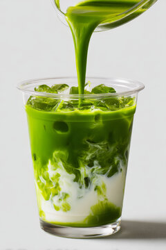 Iced matcha green tea latte being poured into clear plastic cup with ice, creating refreshing and vibrant drink