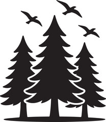 Obraz premium Silhouette vector of a forest with flying birds, symbolizing wildlife, nature freedom, peace, and environmental beauty.