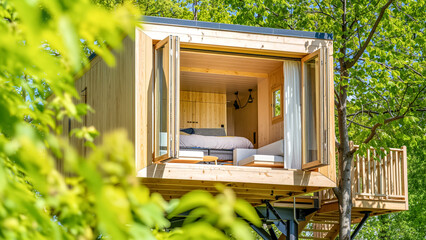 Modern treehouse escape: luxury wooden cabin in nature with open doors. Glamping architecture, unique travel hideaway, eco-friendly forest hotel