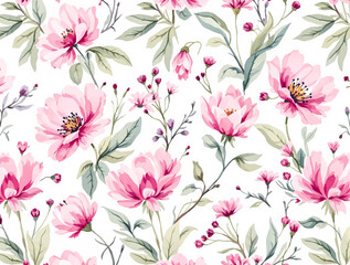 Seamless pattern watercolor background pattern pink pions flowers on white background
