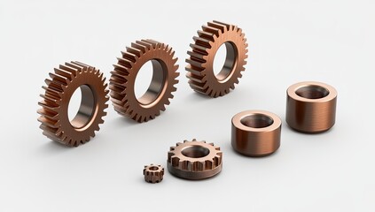 Copper gears and cogs on a white background