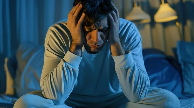 Video sleeplessness: bedroom anxiety, person unease, nighttime wakefulness, sleep disturbance, mind turmoil, slumber absence, restless motion, blanket twist, silent blink, dream absence, night turmoil