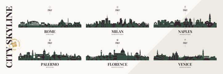 Fototapeta premium City skyline silhouettes Rome, Milan, Naples, Palermo, Florence, Venice, Panoramas of Italian cityscape horizon with abstract brutalism geometric pattern, detail urban cityscape, kit 10