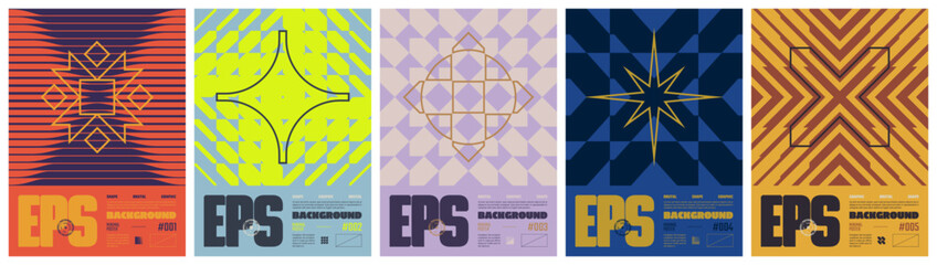 Plakat Postmodern geometric compositions with abstract ornament in brutalism aesthetics, colorful vector trendy simple modernism mosaic pattern, Modern art poster in Y2K style, A4 rave print artwork