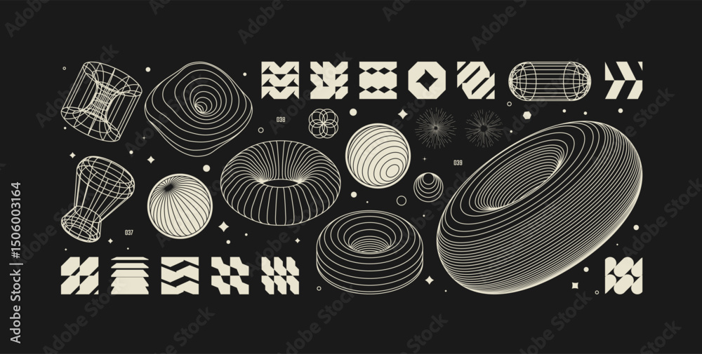 Aufkleber vector graphic assets kit acid style, postmodern abstract geometric shapes with wireframe elements o