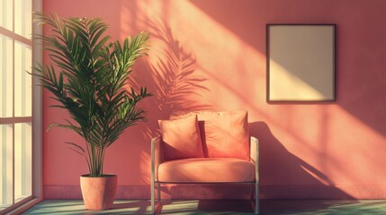 Pink chair with two cushions beside a potted plant and pastel pink wall