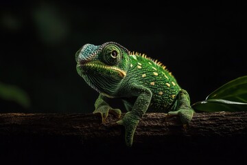 Obraz premium Colorful Green Lizard Perched on Branch Surrounded by Vibrant Leaves in a Close up View.