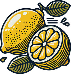 Colorful and stylish illustration of a fresh lemon fruit with leafy elements for design