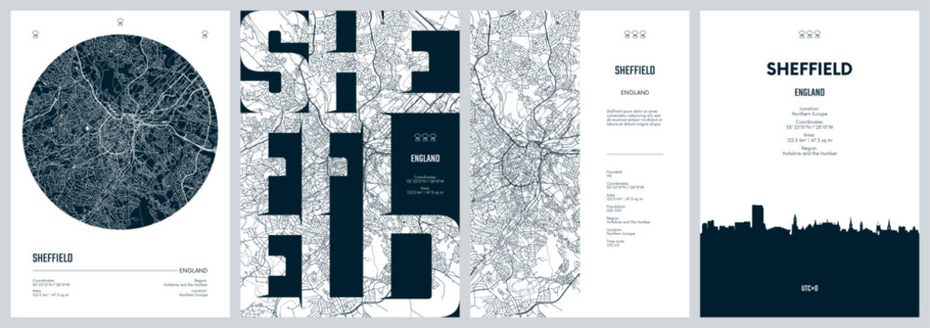 Set of travel posters with Sheffield, detailed urban street plan city map, Silhouette city skyline, vector artwork