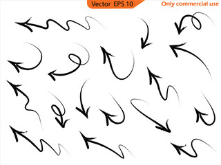 Charcoal arrows  icons set. Group of chalked arrow. Doodle marker drawing, black chalk smears. Direction pointers. Scribbles and scrawls.