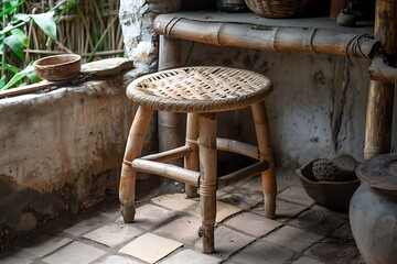 Obraz premium Small jute-seated bamboo chair outside home high resolution picture