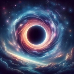 a photorealistic image of the deep universe, where the central element is a colossal and impressive black hole. In the middle of the dark vastness of space, the black hole stands out as a completely.