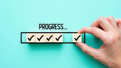 Checklist and task progress tracking concept. A hand placing the final checkmark on wooden blocks in a progress bar, task completion, productivity, goal setting, and efficient project management.