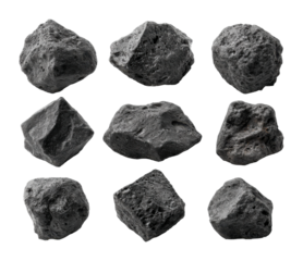 Natural black stones rock collection textured variety view nature's beauty isolated on transparent background