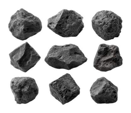 Natural black stones rock collection textured variety view nature's beauty isolated on transparent background