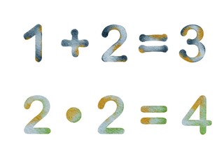 Colorful watercolor pattern featuring basic math equations for school and educational themes