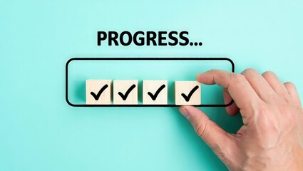 Checklist and task progress tracking concept. A hand placing the final checkmark on wooden blocks in a progress bar, task completion, productivity, goal setting, and efficient project management.