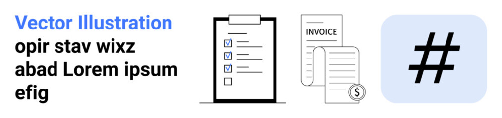 Obraz premium Clipboard checklist, financial invoice, and metadata tag icon for organization, financial planning, productivity, social media, digital marketing, data management, simple landing page