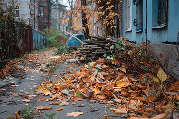 Street corner leaf heap in autumn high resolution picture