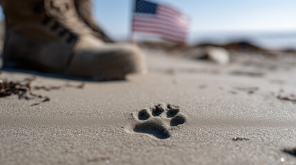 K9 paw print beside military boot print in sand with American flag in background, evoking farewell and honor