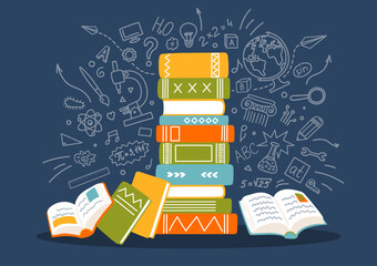 Stack of colorful books with education doodle. School subjects textbooks.. © N.Savranska