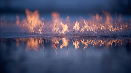 Fiery flames dance upon a reflective water surface, casting warm hues and capturing an enchanting nocturnal spectacle.