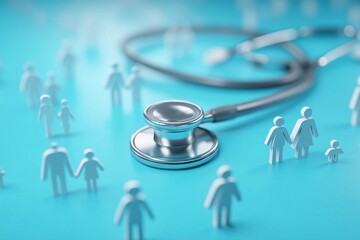 Health and wellness concept with stethoscope and human figures on bright blue background