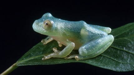 A small, translucent tree frog rests on a vibrant green leaf against a dark background, emphasizing its delicate features.