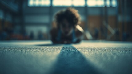 A focused gymnast rests on the mat, capturing the anticipation and energy of a workout session in the gym.