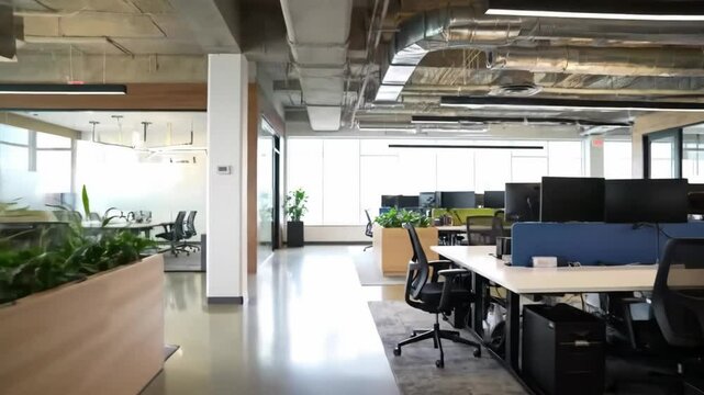 Spacious open-plan office with desks, computers, and greenery. Suitable for corporate presentations or illustrating modern work environments. A vision of collaborative productivity. 4k 60 fps.