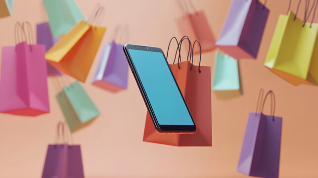 Digital Shopping Spree: A dynamic composition showcasing a smartphone floating mid-air, encircled by an array of colorful shopping bags, symbolizing the convenience and excitement of online retail.