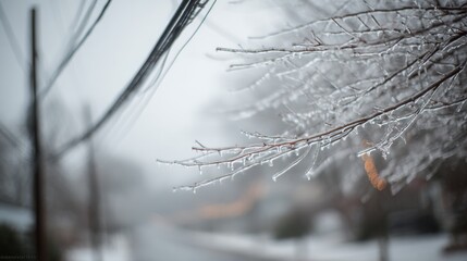 Ice-coated branches glisten against a blurred wintry backdrop, capturing the serene quietness of a frozen morning.