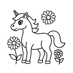 cute unicorn coloring page in a flowery meadow
