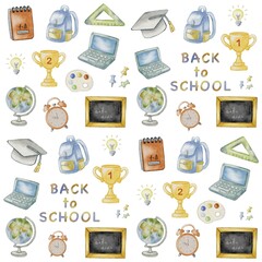 Colorful watercolor back to school supplies pattern for textiles and packaging design