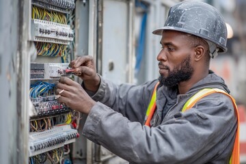 Skilled electrician working on electrical panel in urban construction site during daytime hours