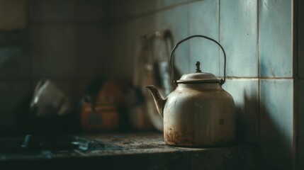 A vintage kettle sits on a rustic kitchen counter, bathed in soft light, evoking nostalgia for simpler times.